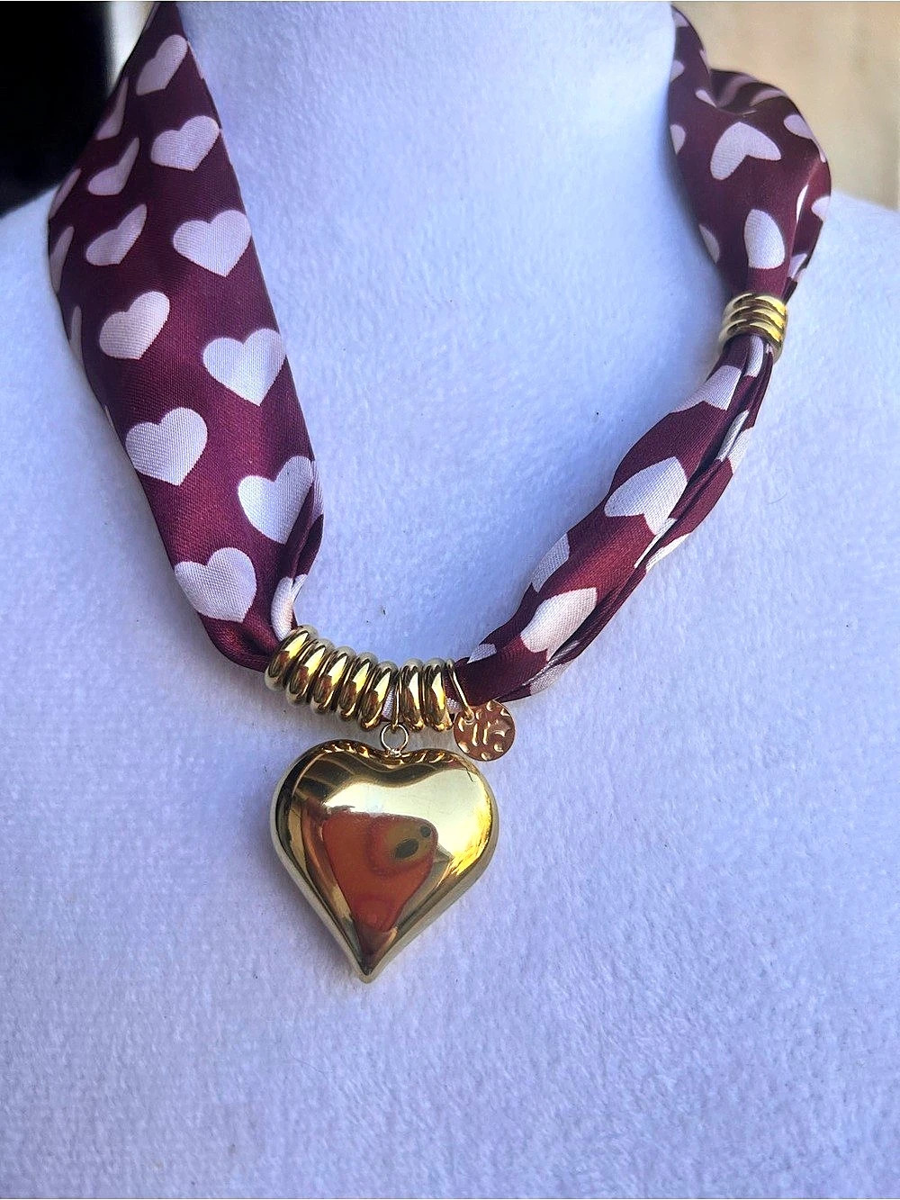 Nickel & Suede Burgundy Satin Scarf with Gold Heart Locket Necklace Heart Locket
